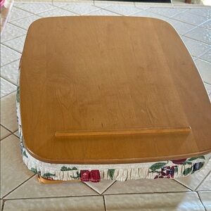 Longaberger Wooden basket with lid, insert and fruit pattern fabric liner.